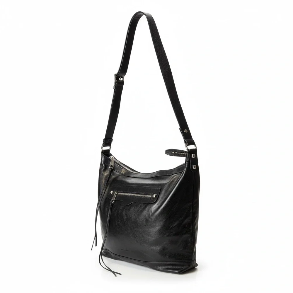 Rebecca Minkoff Regan Black Genuine Leather Tote Shoulder Bag Top Zip strap - Picture 2 of 10